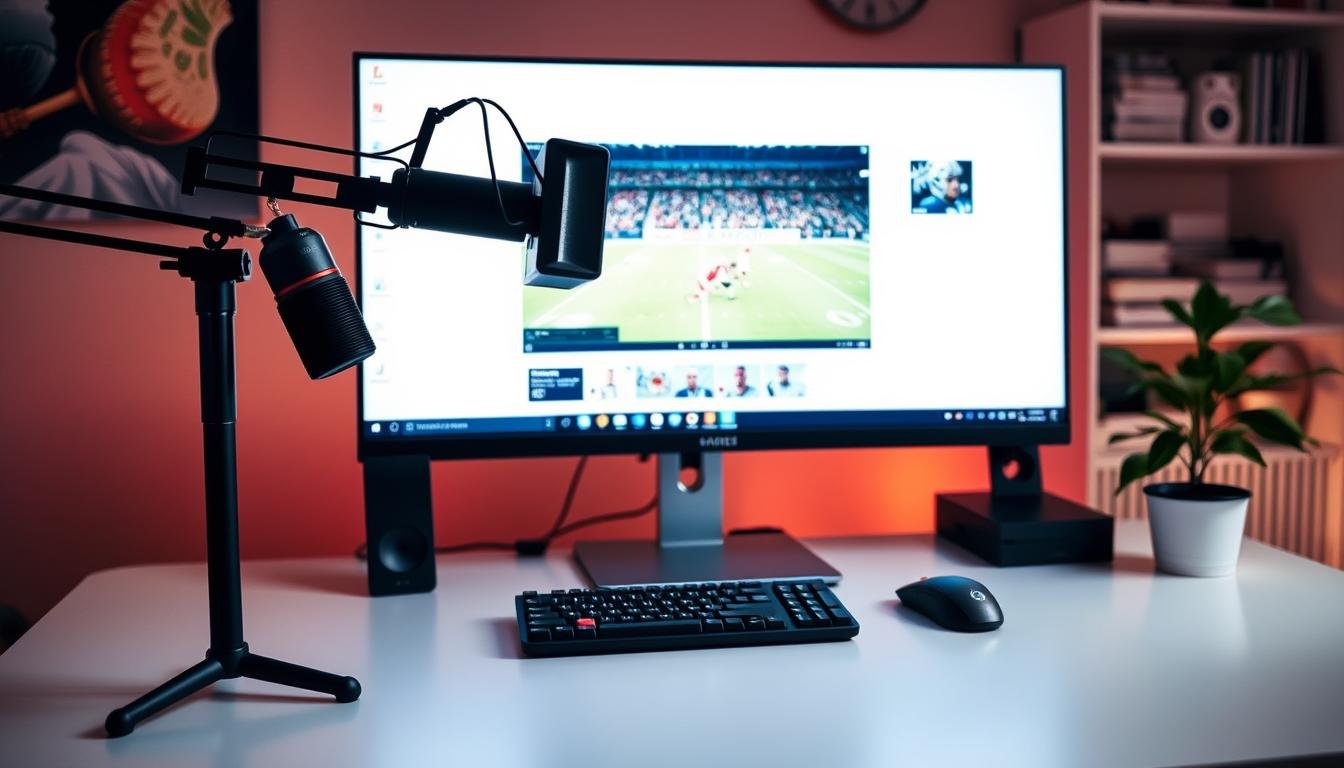 A sleek, modern workspace setup with a desktop computer, a high-quality webcam, and a professional-grade microphone. The desktop features a clean, minimalist design with a large, high-resolution monitor displaying a live stream of a football game. Subtle mood lighting illuminates the scene, creating a cozy, inviting atmosphere. In the foreground, a gaming mouse and keyboard sit neatly on a minimalist desk, while in the background, a bookshelf with various tech accessories and a plant add a touch of warmth and personality. The overall setup conveys a sense of efficiency and professionalism, ideal for a comprehensive guide on how to create the ultimate football streaming experience.