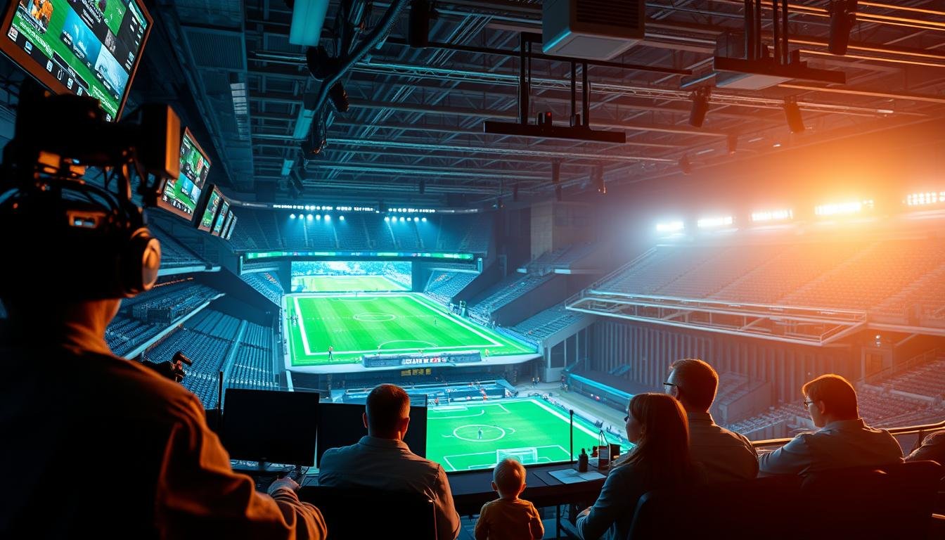 A professional sports stadium with a high-tech broadcast control room in the foreground. Technicians monitor multiple sports feeds, adjust camera angles, and optimize audio levels to ensure a seamless streaming experience. In the middle ground, a living room scene depicts a family watching the game on a large, high-definition TV, their faces illuminated by the screen's glow. In the background, data centers and satellite dishes convey the complex infrastructure powering the digital sports streaming experience. Soft, warm lighting creates an immersive, cinematic atmosphere, highlighting the dedication and expertise behind delivering top-quality sports streams.